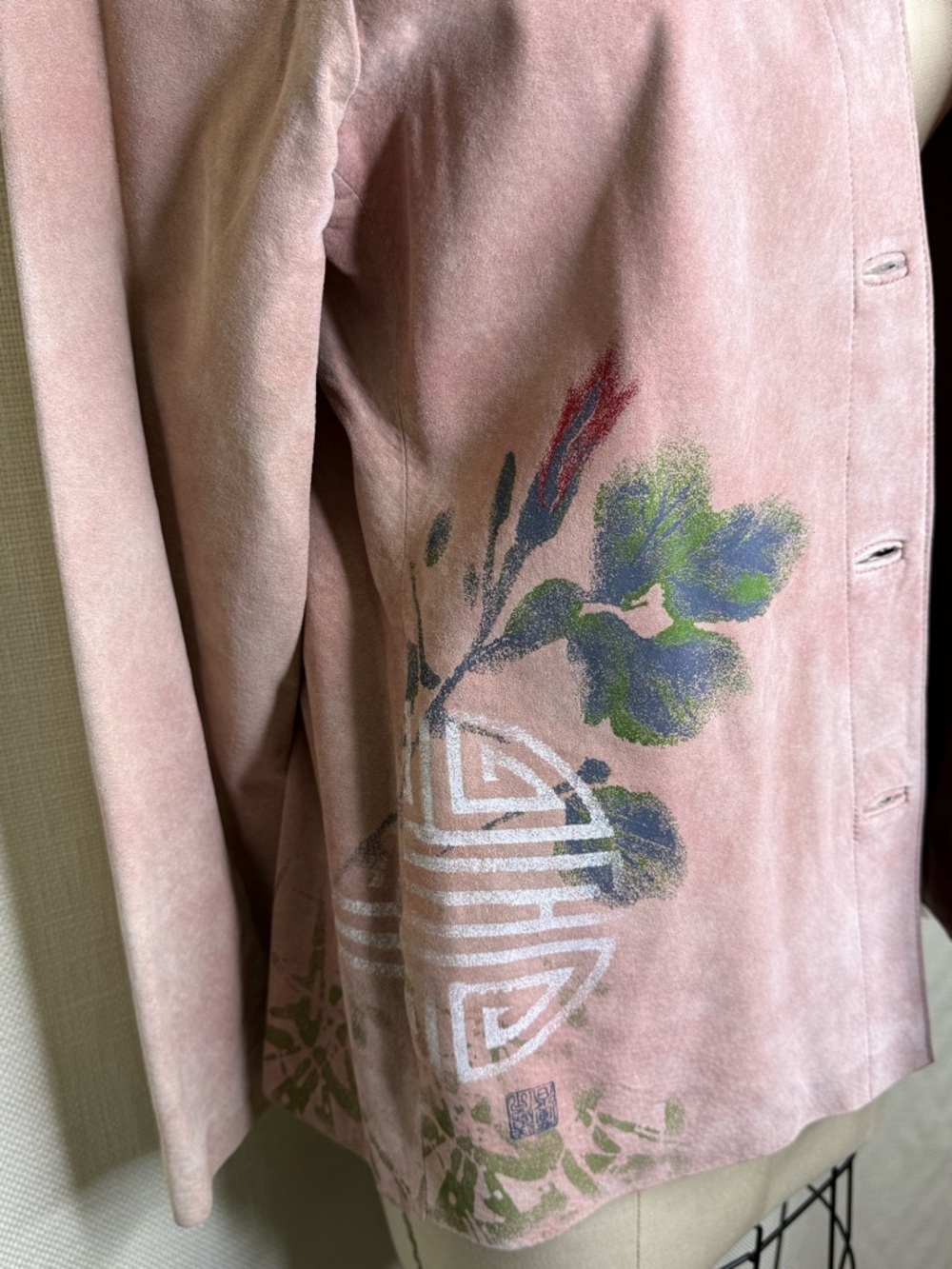 Chico’s Pink Leather Jacket Size 0 Floral Embroidered Button Front Chic - Picture 4 of 8